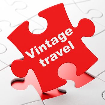 Travel concept: Vintage Travel on Red puzzle pieces background, 3D rendering