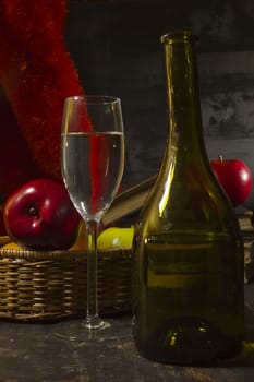 Vintage still life with wine and apples