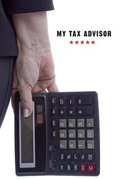 Poster, the hand of a professional tax consultant with a calculator