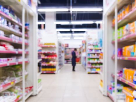 Abstract blurred supermarket aisle with colorful shelves as background