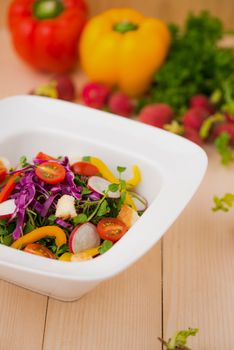 Homemade fresh green vegetable salad on table.