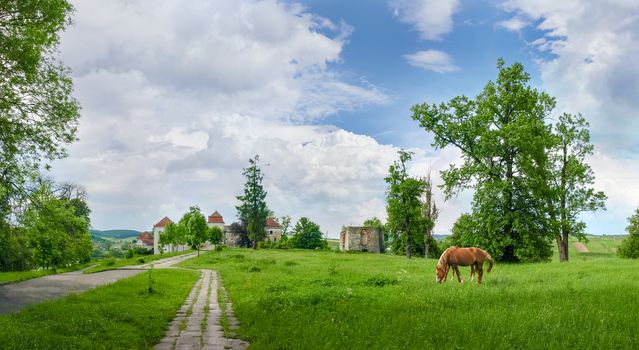 Panorama of the Svirzh Castle built in the 15th century in Lviv region, Ukraine. View to the main entrance. 
