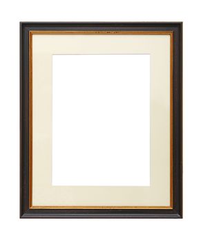 Vintage old wooden brown classic frame with golden edge and cardboard mat (passe partout mount) for picture or photo, isolated on white background, close up