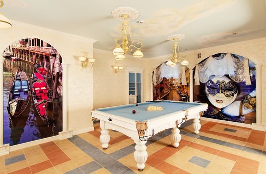 Classical pool room interior with paintings