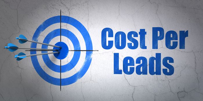 Success finance concept: arrows hitting the center of target, Blue Cost Per Leads on wall background, 3D rendering