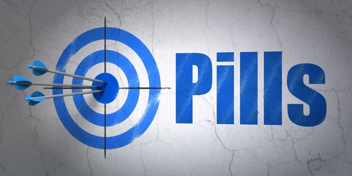 Success Health concept: arrows hitting the center of target, Blue Pills on wall background, 3D rendering