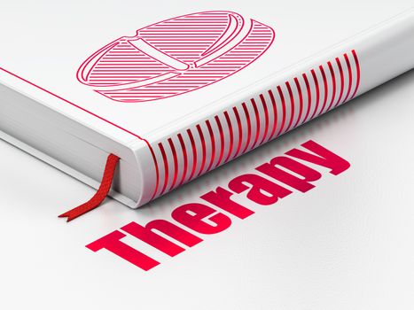 Health concept: closed book with Red Pill icon and text Therapy on floor, white background, 3D rendering