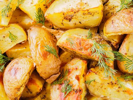 Close up view of backed potatoes as pattern. Food background