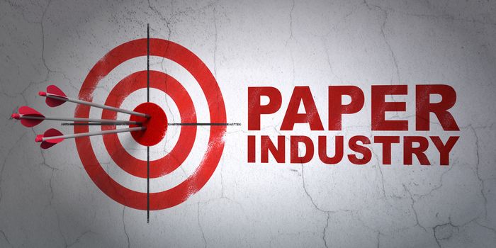 Success Manufacuring concept: arrows hitting the center of target, Red Paper Industry on wall background, 3D rendering
