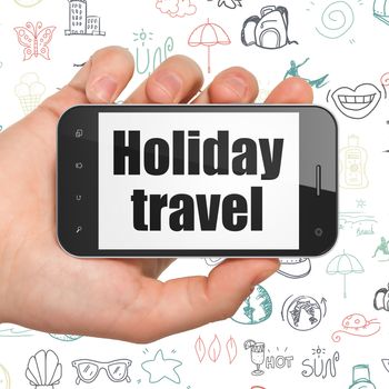 Vacation concept: Hand Holding Smartphone with  black text Holiday Travel on display,  Hand Drawn Vacation Icons background, 3D rendering