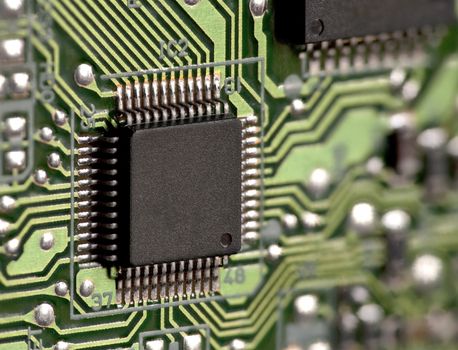 Integrated circuit on circuit board macro shot