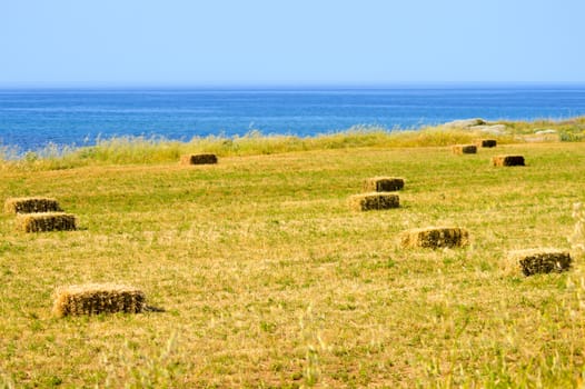 Straw bales in a field facing the sea in the south of Crete