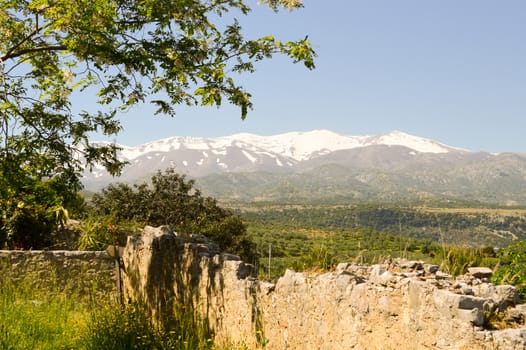 View of the snow-capped mountain mountains in the center of Crete