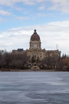 The Saskatchewan Legislative building as seen from the shore of Wascana Lake in Regina, Saskatchewan.