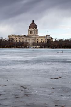 The Saskatchewan Legislative building as seen from the shore of Wascana Lake in Regina, Saskatchewan.