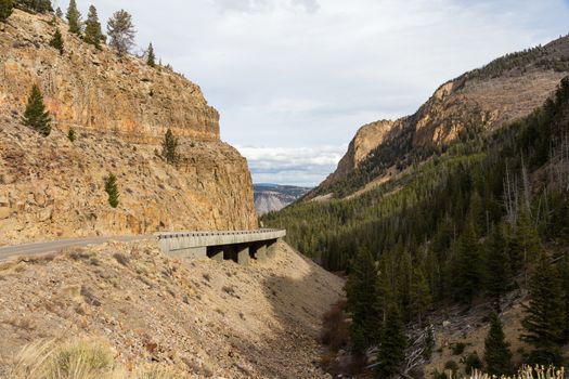 A road winds around the mountainside in Yellowstone National Park.