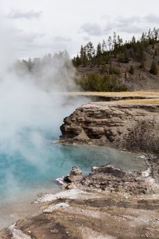 View of the Excelsior Geyser Crater in the Midway Geyser Basin in Yellowstone National Park.