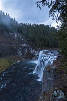 Upper Messa Falls in Idaho, USA on a cloudy afternoon.