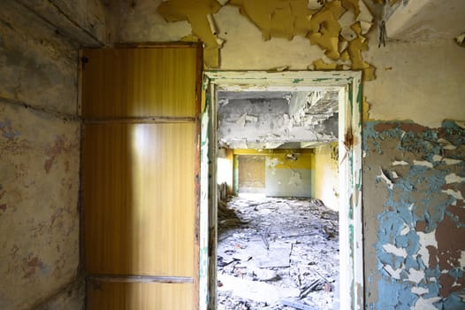 wide angle view of an old wall abandoned factory building