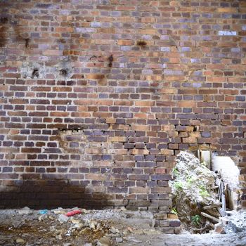 wide angle view of an old wall abandoned factory building