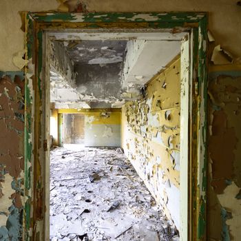 wide angle view of an old wall abandoned factory building