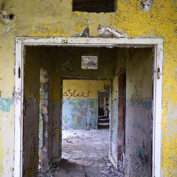 wide angle view of an old wall abandoned factory building