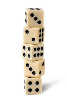 Five gaming dice isolated on white background