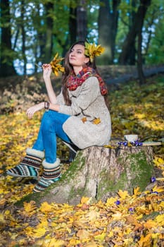 smiling, happy girl sitting on a stump in the autumn park