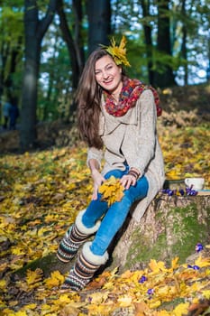 smiling, happy girl sitting on a stump in the autumn park