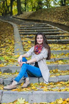 smiling, happy girl sitting on the stairs in the autumn park