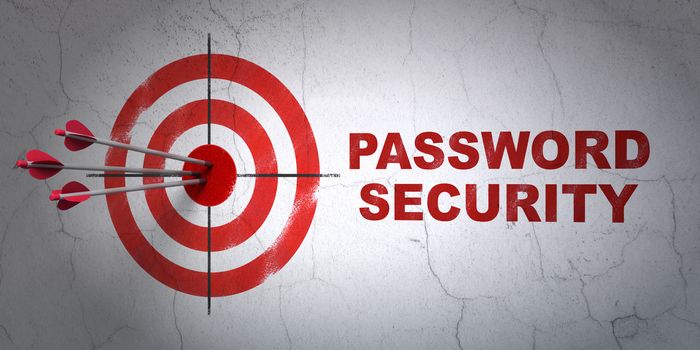 Success security concept: arrows hitting the center of target, Red Password Security on wall background, 3D rendering