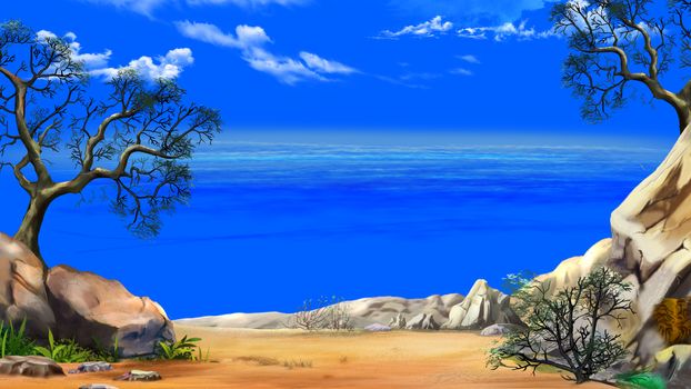 Sea View from the Cliff in a Summer day against the Deep Blue Sky. Digital Painting Background, Illustration in cartoon style character.