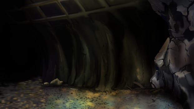 Entrance to an abandoned mine or to a large Cave. Digital Painting Background, Illustration in cartoon style character.