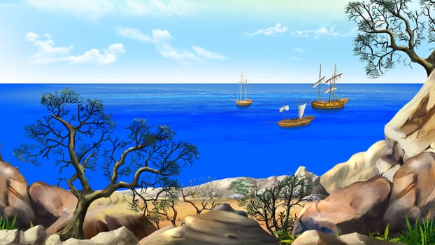 View of the bay with sailboats. Shore of the ocean, coast of desert island. Summer day, blue sky. Digital Painting Background, Illustration in cartoon style character.