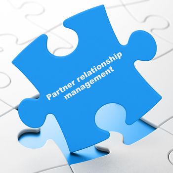 Business concept: Partner Relationship Management on Blue puzzle pieces background, 3D rendering