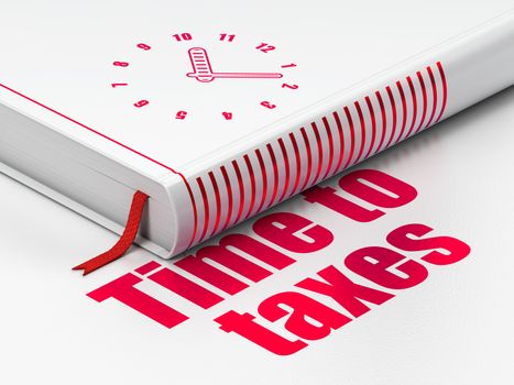 Time concept: closed book with Red Clock icon and text Time To Taxes on floor, white background, 3D rendering