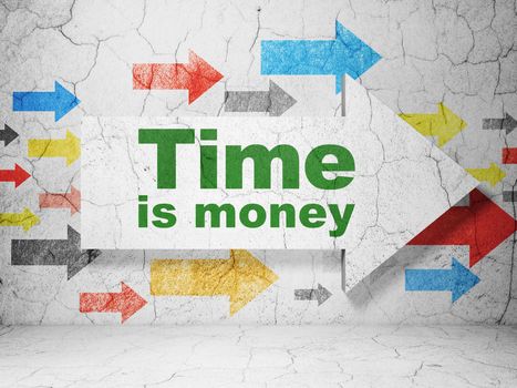Time concept:  arrow with Time Is money on grunge textured concrete wall background, 3D rendering