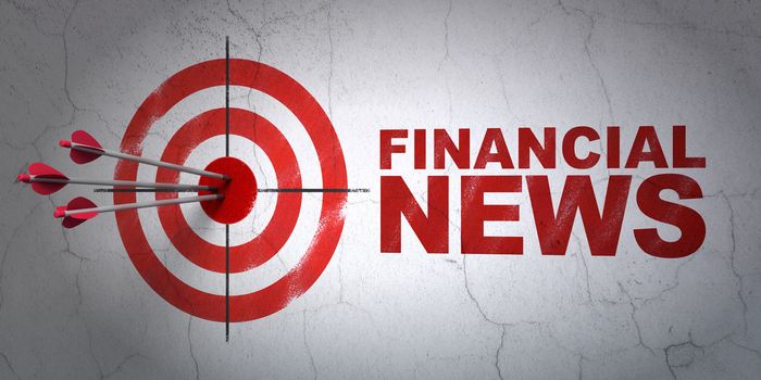 Success news concept: arrows hitting the center of target, Red Financial News on wall background, 3D rendering