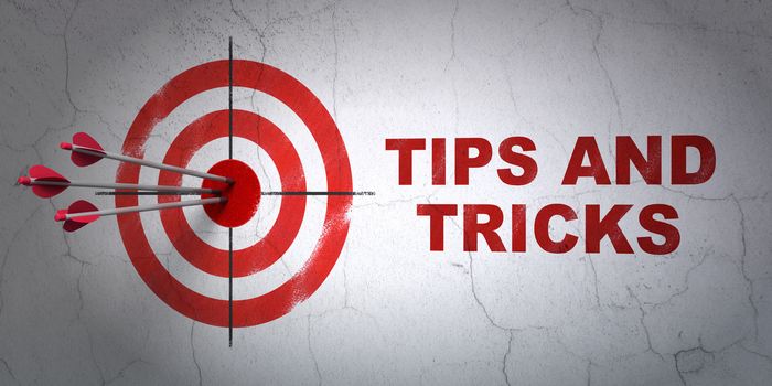Success Learning concept: arrows hitting the center of target, Red Tips And Tricks on wall background, 3D rendering