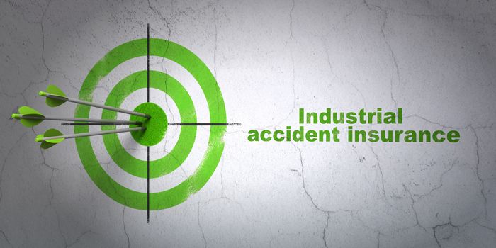 Success Insurance concept: arrows hitting the center of target, Green Industrial Accident Insurance on wall background, 3D rendering