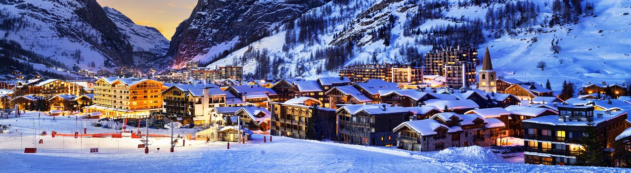 Famous and luxury place of Val d'Isere at sunset, Tarentaise, Alps, France