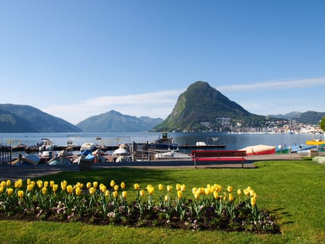 Lugano, Switzerland: view of the gulf from the botanical garden of the city