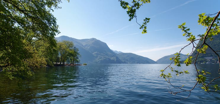 Lugano, Switzerland: view of the gulf from the botanical garden of the city