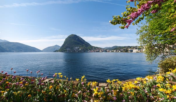 Lugano, Switzerland: view of the gulf from the botanical garden of the city