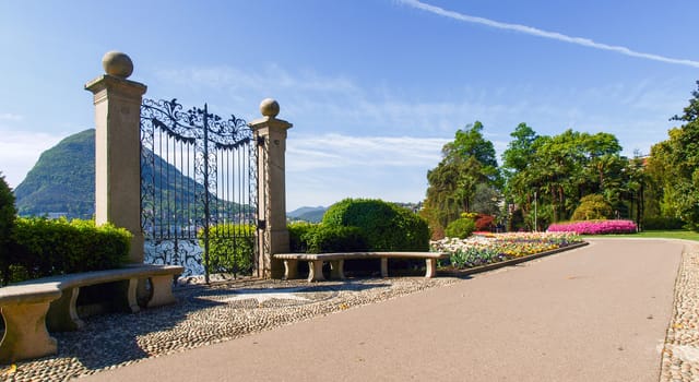 Lugano, Switzerland: view of the gulf from the botanical garden of the city