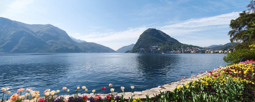 Lugano, Switzerland: view of the gulf from the botanical garden of the city