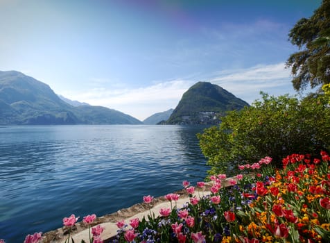 Lugano, Switzerland: view of the gulf from the botanical garden of the city