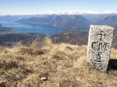 Montelema, Ticino - Switzerland: Boundary stone between Switzerland and Italy on the mountain path