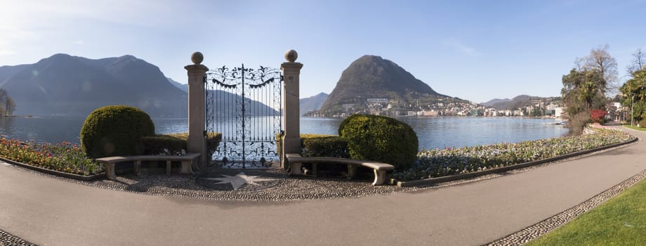 Lugano, Switzerland: Parco Ciani, city garden with fresh flowers of the current season. Intense color of flowers on a fine spring day.