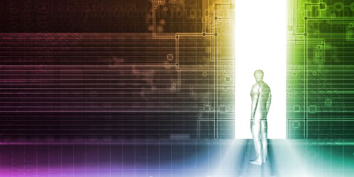 Man Standing In Front of Technology Portal as Background